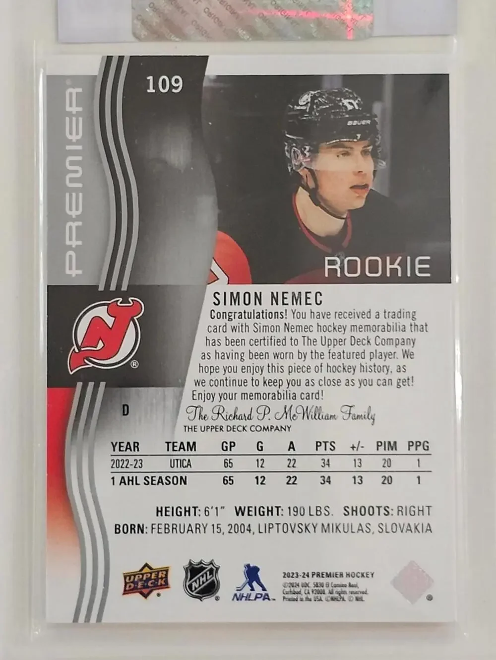 2023-24 Upper Deck Premier Jerseys #109 Simon Nemec Rookie Card